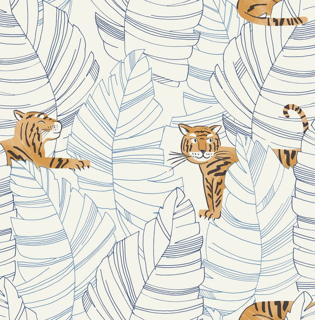 Seabrook Wallpaper Hiding Tigers Sky Blue and Orange Day Dreamers  United States 56.12 20.87" 20.5"  - My Fabric Connection -