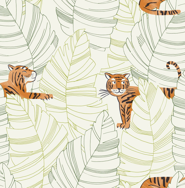 Seabrook Wallpaper Hiding Tigers Green and Orange Day Dreamers  United States 56.12 20.87" 20.5"  - My Fabric Connection -