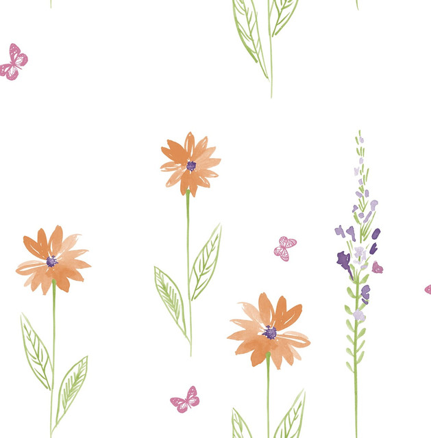 Seabrook Wallpaper Daisy Field Orange and Lime Day Dreamers  United States 56.12 20.87" 20.5"  - My Fabric Connection -