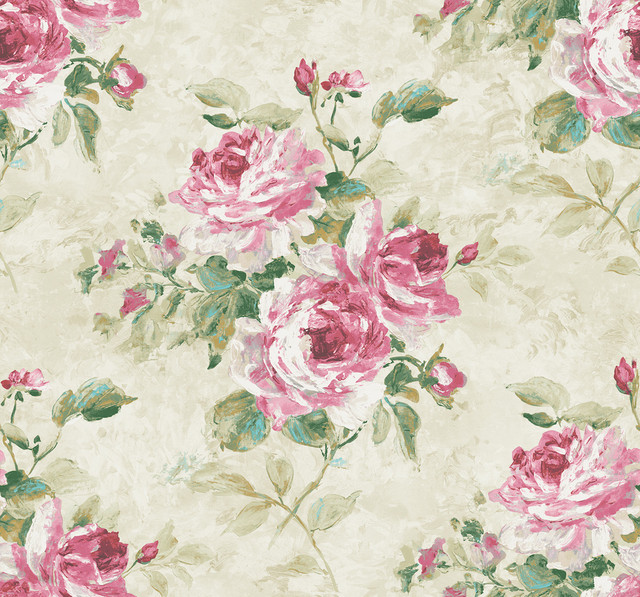 Seabrook Wallpaper Rose Bouquet Metallic Ivory, Blush, and Forest Green French Impressionist  United States 60.55 25.2" 27"  - My Fabric Connection -