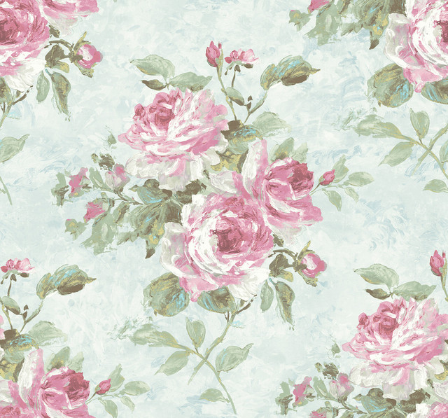 Seabrook Wallpaper Rose Bouquet Metallic Blue and Rose French Impressionist  United States 60.55 25.2" 27"  - My Fabric Connection -
