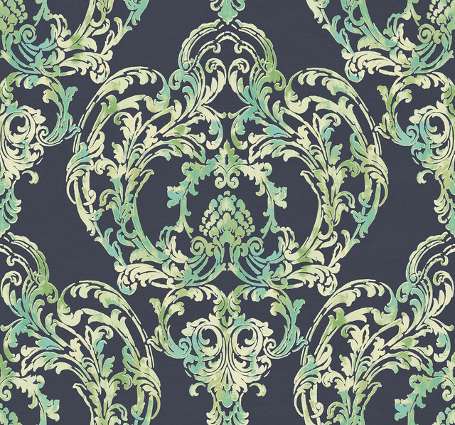 Seabrook Wallpaper Roxen Damask Navy, Off-White, and Mint Lugano  United States 60.75 25.2" 27"  - My Fabric Connection -
