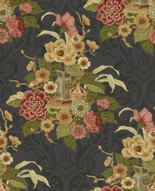 Seabrook Wallpaper Dynasty Floral Metallic Ebony Koi  United States 56.05 25.2" 20.5"  - My Fabric Connection -