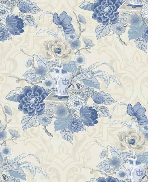 Seabrook Wallpaper Dynasty Floral Metallic Linen and Blue Koi  United States 56.05 25.2" 20.5"  - My Fabric Connection -