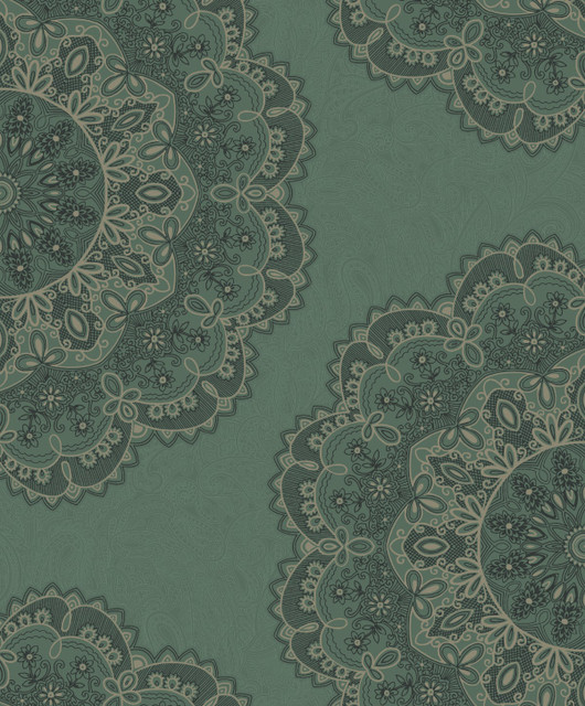 Seabrook Wallpaper Lace Medallion Sea Green, Beige, and Ebony Aura  Netherlands 56.05 25.2" 20.5"  - My Fabric Connection -