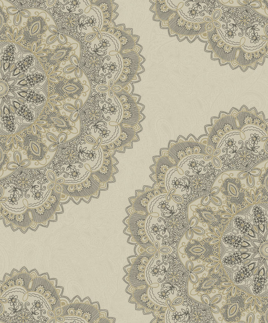 Seabrook Wallpaper Lace Medallion Gold and Charcoal Aura  Netherlands 56.05 25.2" 20.5"  - My Fabric Connection -