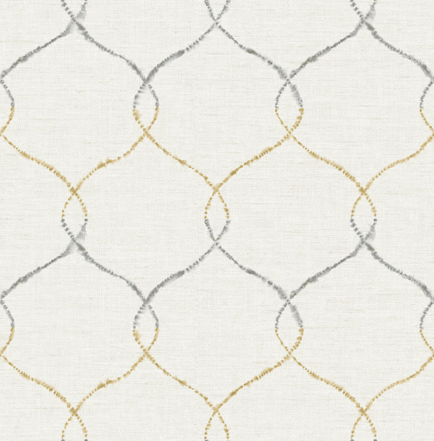 Seabrook Wallpaper Shibori Lattice Antique Gold, Gray, & Metallic Pearl L'Atelier de Paris  United States 56.05 20.87" 20.5"  - My Fabric Connection -