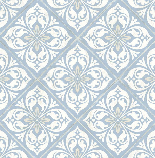 Seabrook Wallpaper Plumosa Tile Carolina Blue and Arrowroot Luxe Retreat  United States 56.05 10.43" 20.5"  - My Fabric Connection -