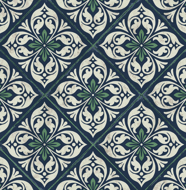 Seabrook Wallpaper Plumosa Tile Midnight Blue and Spearmint Luxe Retreat  United States 56.05 10.43" 20.5"  - My Fabric Connection -