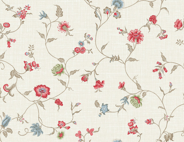 Seabrook Wallpaper Florale Trail Cranberry & Blue Bell French Country  United States 60.75 20.87" 27"  - My Fabric Connection -