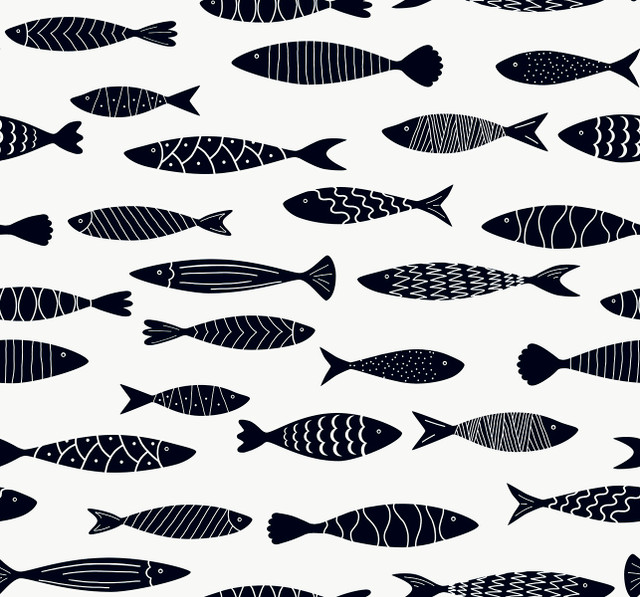 Seabrook Wallpaper Bay Fish Black and White Summer House  United States 60.75 25.2" 27"  - My Fabric Connection -
