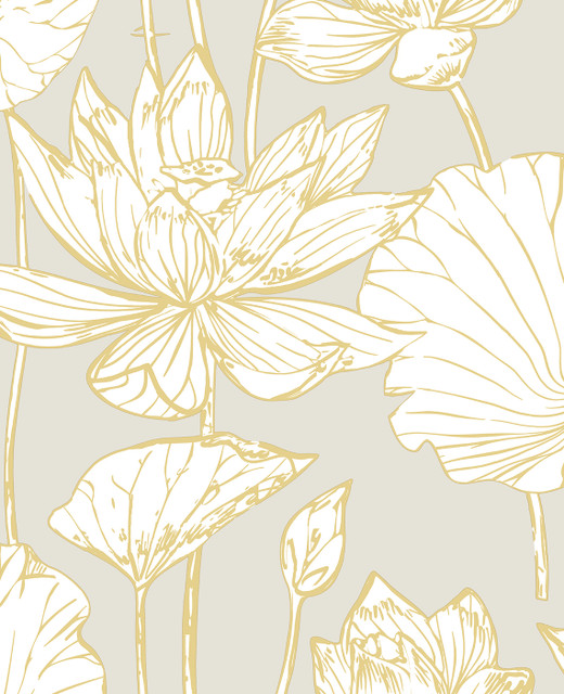 Seabrook Wallpaper Lotus Floral Prepasted Grey & Gold Prepasted Online  United States 56.05 25.2" 20.5"  - My Fabric Connection -