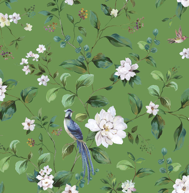 Seabrook Wallpaper Chinoiserie Bird Vine Green Daisy Bennett Peel and Stick  United States 30.75 20.87" 20.5"  - My Fabric Connection -