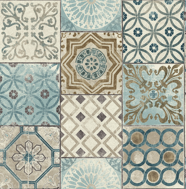 Seabrook Wallpaper Morocaan Tile Blue & Copper NextWall Peel & Stick  United States 30.75 20.87" 20.5"  - My Fabric Connection -