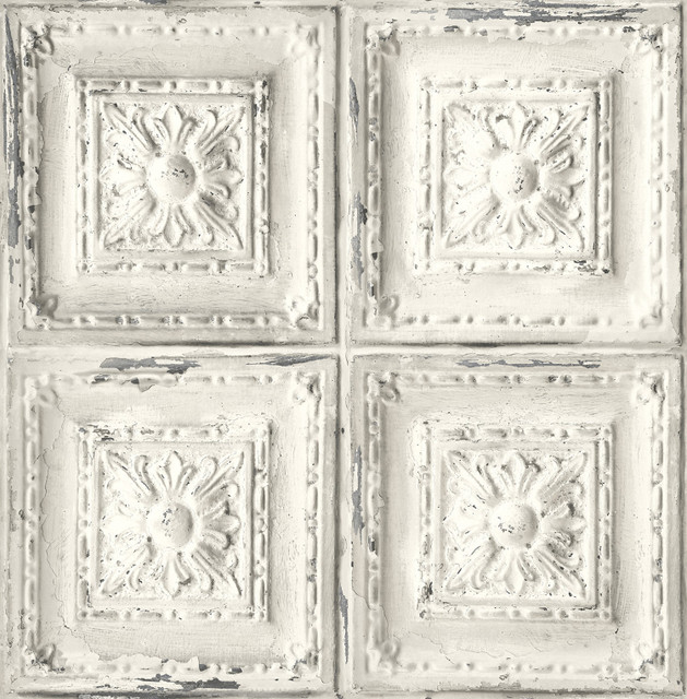 Seabrook Wallpaper Distressed Tin Tile Linen & Charcoal NextWall Peel & Stick  United States 30.75 20.87" 20.5"  - My Fabric Connection -