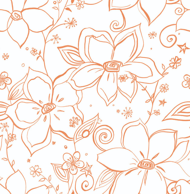 Seabrook Wallpaper Linework Floral Orange NextWall Peel & Stick  United States 30.75 20.87" 20.5"  - My Fabric Connection -