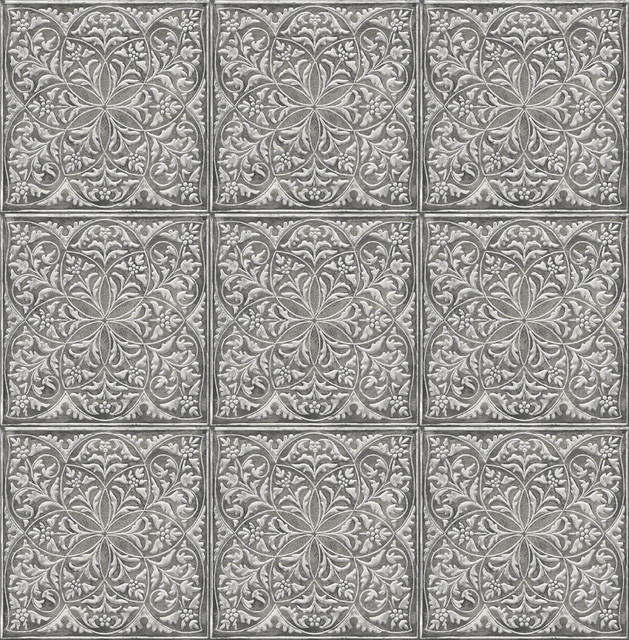 Seabrook Wallpaper Faux Embossed Tile Metallic Silver & Charcoal NextWall Peel & Stick  United States 30.75 6.95" 20.5"  - My Fabric Connection -