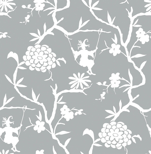 Seabrook Wallpaper Chinoiserie Silhouette Metallic Silver NextWall Peel & Stick  United States 30.75 20.87" 20.5"  - My Fabric Connection -