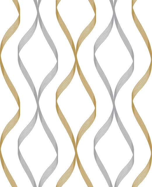 Seabrook Wallpaper Ogee Ribbon Silver & Gold NextWall Peel & Stick  United States 30.75 12.6" 20.5"  - My Fabric Connection -