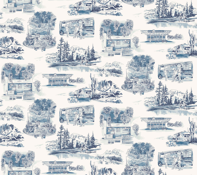 York Wallcoverings Modern Vista Toile Navy Wallpaper Toile Resource Library Covers about 60.8 square feet Prepasted 12-in repeat, straight match 27-in by 27-ft long roll - My Fabric Connection -