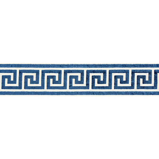 Scalamandre Trim Trim Greek Key Velvet Tape/Indigo T3279-005 FALL 2015 STOCKED AT 50% VISCOSE;50% COTTON INDIA LIGHT DUTY Horizontal: 2.875" and Vertical: 4" - My Fabric Connection -