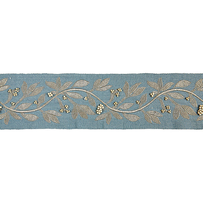 Scalamandre
 Trim Laurel Embroidered Tape Bluestone Trim 50% VISCOSE 35% GLASS 15% METALLIC INDIA LIGHT DUTY </p><p>Repeat: H: 7.5", V: 3.75" - My Fabric Connection -