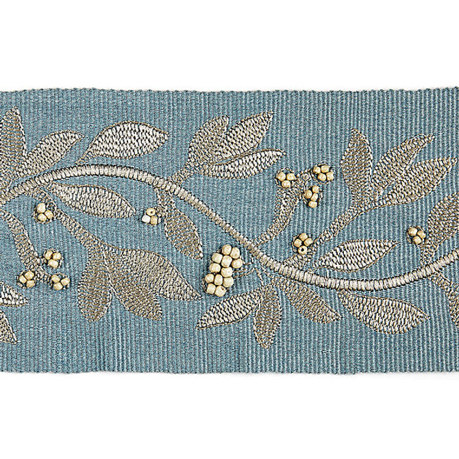 Scalamandre
 Trim Laurel Embroidered Tape/Bluestone Sc 0003T3292 MODERN LUXURY 50% VISCOSE 35% GLASS 15% METALLIC INDIA LIGHT DUTY Horizontal: 7.5" and Vertical: 3.75" - My Fabric Connection -