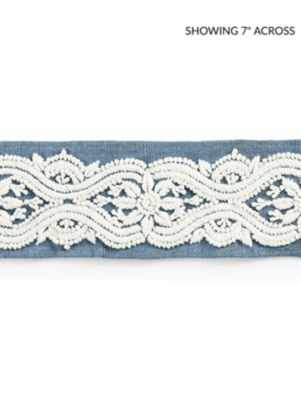 Scalamandre Trim Linnea Embroidered Tape Copenhagen Blue SCT32980004 NORDEN 65% SPUN POLYESTER 35% LINEN INDIA LIGHT DUTY Horizontal: 4.5" and Vertical: 2.75 - My Fabric Connection -