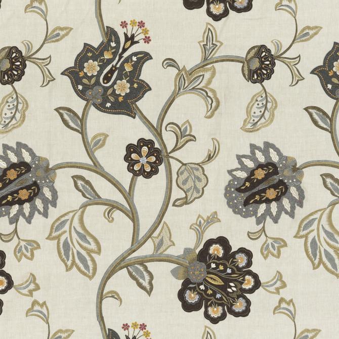 Mulberry Fabric Floral Fantasy Woodsmoke FESTIVAL LINEN - 70%;POLYESTER - 10%;VISCOSE - 10%;WOOL - 10% India Horizontal: 25.019 and Vertical: 29.944 50.038 - My Fabric Connection -