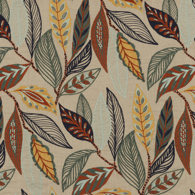 Mulberry Fabric Forest Leaves Indigo/Teal FESTIVAL LINEN - 100% India MEDIUM Horizontal: 24.822 and Vertical: 29.944 49.644 - My Fabric Connection -