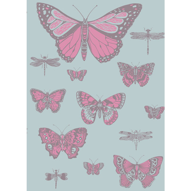Cole & Son Wallcovering Butterflies & Dragonflies Pink On Blue