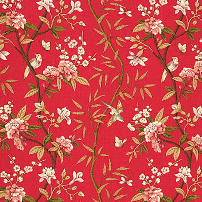 G P & J Baker Fabric Peony & Blossom Red/Moss PERANDOR COLLECTION LINEN - 100% United Kingdom LIGHT Horizontal: 26.989 and Vertical: 31.52 53.978 - My Fabric Connection -