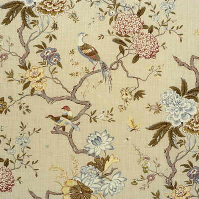 G P & J Baker Fabric Oriental Bird Olive/Stone MALLORY COLLECTION LINEN - 100% United Kingdom - Horizontal: - and Vertical: 31.126 53.978 - My Fabric Connection -
