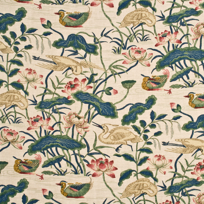 G P & J Baker Fabric Heron & Lotus Flower Indigo/Pink Fabric LINEN - 100% United Kingdom </p><p>Repeat: H: , V: 36.642 53.978 - My Fabric Connection -