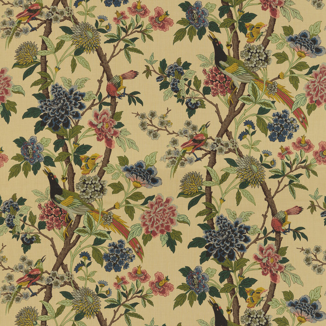G P & J Baker Fabric Hydrangea Bird Parchment EAST TO WEST LINEN - 100% Thailand LIGHT Horizontal: and Vertical: 43.734 53.978 - My Fabric Connection -