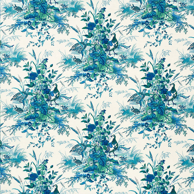 Schumacher Fabric Quail Meadow Peacock 1106044 CLASSIC PRINTS LINEN 64% COTTON 36% UNITED KINGDOM </p><p>Repeat: Horizontal: 13 1/2" (34CM) and Vertical: 25 1/4" (64CM) 56.375 - My Fabric Connection -