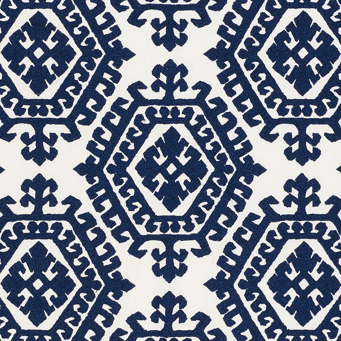 Schumacher Fabric Omar Embroidery Navy 71941 CARAVANNE See Sample INDIA - </p><p>Repeat: Horizontal: 16 3/4" (43CM) and Vertical: 14 3/4" (37CM) 51" (130 CM) - My Fabric Connection -