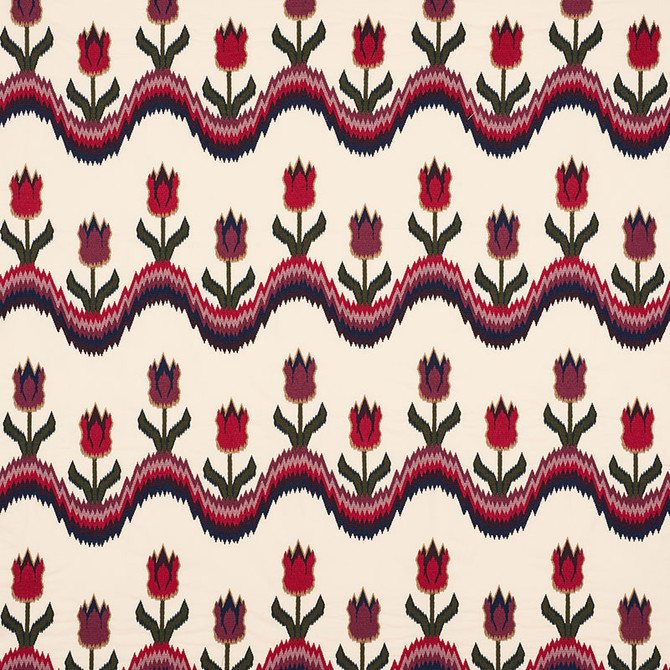 Schumacher Fabric Tulip Flamestitch Embroidery Jewel 70270 CONTEMPORARY EMBROIDERIES See Sample INDIA - </p><p>Repeat: Horizontal: 51" (130CM) and Vertical: 28 1/4" (72CM) 51" (130CM) - My Fabric Connection -