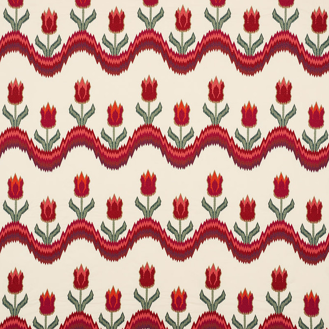 Schumacher Fabric Tulip Flamestitch Embroidery Vermilion 70271 CONTEMPORARY EMBROIDERIES POLYESTER 55% LINEN 25% INDIA </p><p>Repeat: Horizontal: 51" (130CM) and Vertical: 28 1/4" (72CM) 51 - My Fabric Connection -