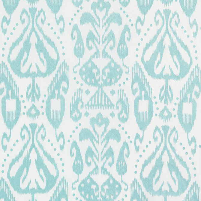 Schumacher Fabric Kiva Embroidered Ikat Sky 69481 IKAT COLLECTION See Sample INDIA LIGHT DUTY </p><p>Repeat: Horizontal: 25 3/4" (65CM) and Vertical: 22 1/4" (57CM) 51 7/8" (132CM) - My Fabric Connection -