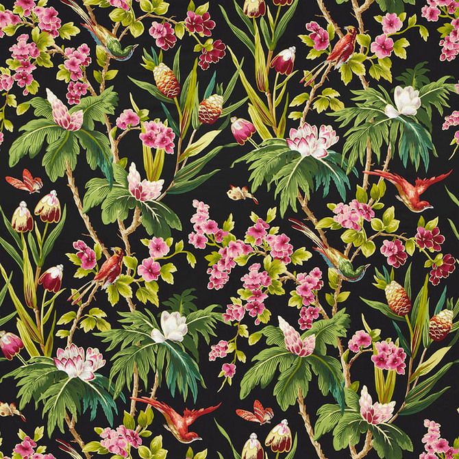 Schumacher Fabric Seychelles Noir 175700 TROPICANA See Sample FRANCE - </p><p>Repeat: Horizontal: 27" (69CM) and Vertical: 52 1/2" (133CM) 54" WIDE (137CM) - My Fabric Connection -