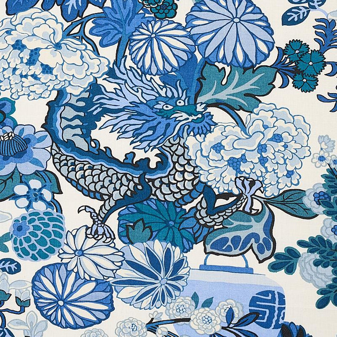 Schumacher Fabric Chiang Mai Dragon China Blue 173272 Exuberant Prints 27.0" - My Fabric Connection -
