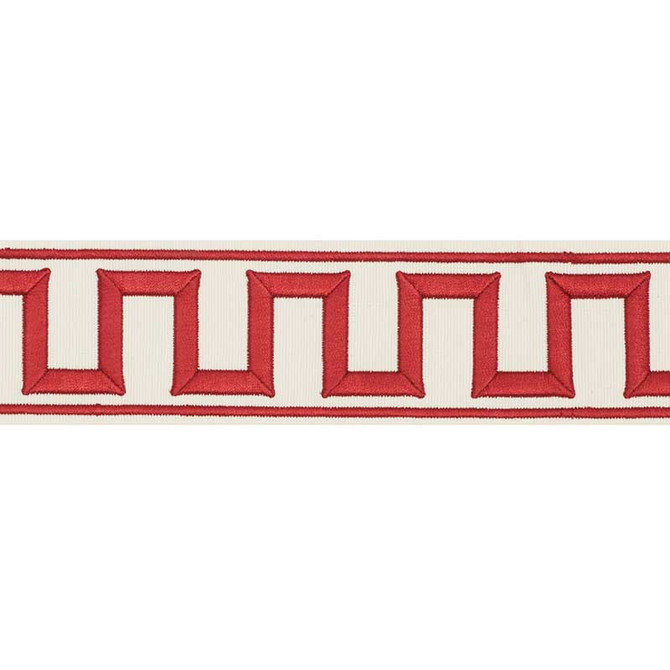 Schumacher Fabric Greek Key Embroidered Tape Red 70794 Miles-Redd-Passementerie 80% Cotton, 20% Rayon - Horizontal: 1.75 and Vertical: - 2.25 - My Fabric Connection -