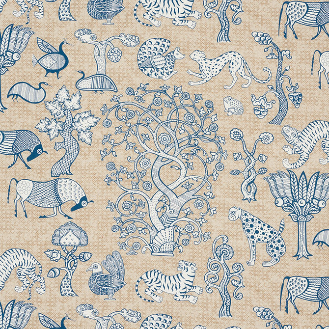 Schumacher Fabric Animalia Blue & Natural 178320 PALAMPORE See Sample ITALY - </p><p>Repeat: Horizontal: 25 1/4" (64CM) and Vertical: 22 1/4" (57CM) 54 3/8" (138CM) - My Fabric Connection -