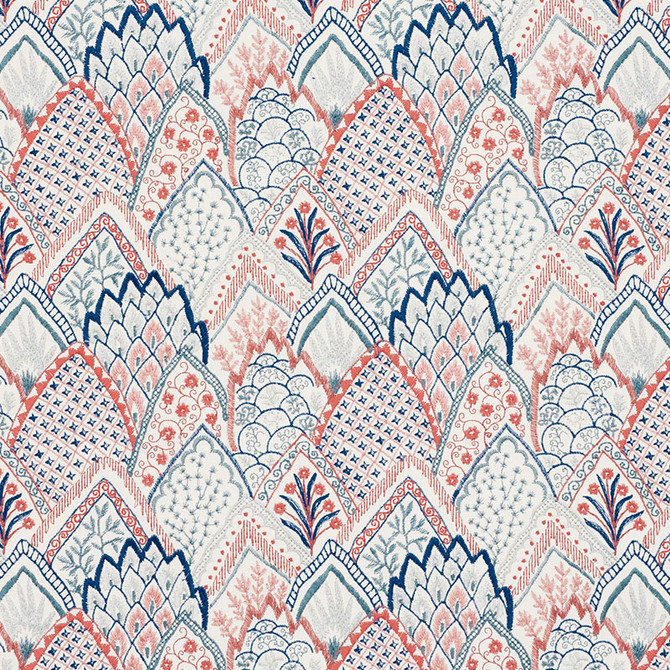 Schumacher Fabric Albizia Embroidery Delft & Rose 76310 PALAMPORE See Sample INDIA - </p><p>Repeat: Horizontal: 8 5/8" (22CM) and Vertical: 7 1/2" (19CM) 52 1/2" (133CM) - My Fabric Connection -