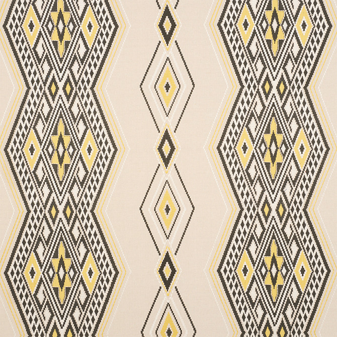 Schumacher Fabric Bayeta Embroidery Yellow & Neutral 78152 TRUE WEST See Sample INDIA - </p><p>Repeat: Horizontal: 26 1/4" (67CM) and Vertical: 15 1/2" (39CM) 54" (137CM) - My Fabric Connection -