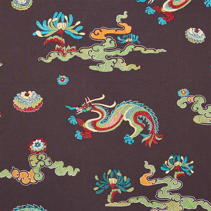 Schumacher Fabric Hanlun Dragon Embroidery Charcoal 78113 FIRE BREATHER LINEN 80% VISCOSE 14% INDIA </p><p>Repeat: Horizontal: 52 1/4" (133CM) and Vertical: 30 1/4" (77CM) 52.25 - My Fabric Connection -