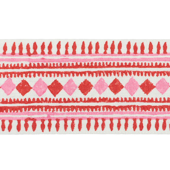 Schumacher Trim Toula Hand Blocked Linen Tape Red & Pink 77331 STATEMENT TRIMS See Sample INDIA - </p><p>Repeat: Horizontal: - and Vertical: - 3" (8CM) - My Fabric Connection -