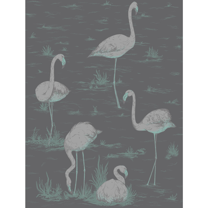 Cole & Son Wallcovering Flamingos Teal/Slvr/Bk CONTEMPORARY RESTYLED PAPER - 100% United Kingdom - Horizontal: 21 and Vertical: 27.5 21 - My Fabric Connection -