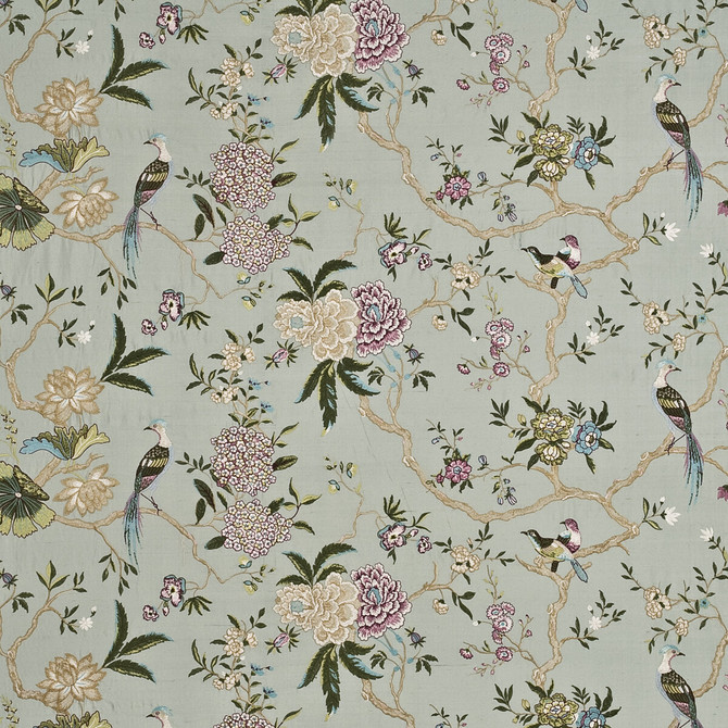 G P & J Baker Fabric Oriental Bird Embroidery Silk Aqua/Multi HOLCOTT RAYON - 64%;SILK - 36% India Horizontal: 52.402 and Vertical: 14.972 52.402 - My Fabric Connection -